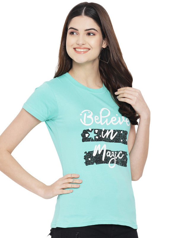 Women's Teal Cotton Typography Print Tshirt SU26