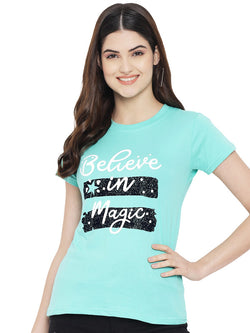 Women's Teal Cotton Typography Print Tshirt SU26