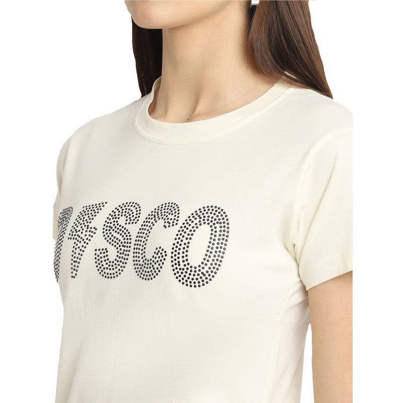 Women's Cream Cotton Typography Print Tshirt SU27
