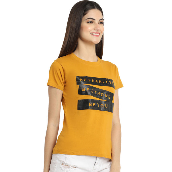 Women's Mustard Cotton Typography Print Tshirt SU28