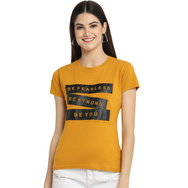 Women's Mustard Cotton Typography Print Tshirt SU28