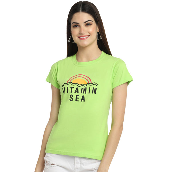 Women's Green Cotton Typography Print Tshirt SU30