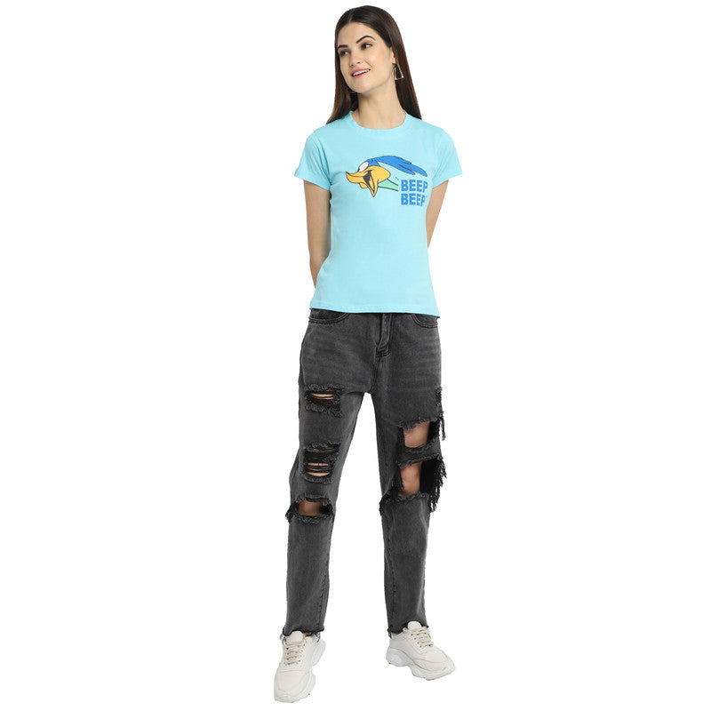 Women's Sky Blue Cotton Typography Print Tshirt SU31