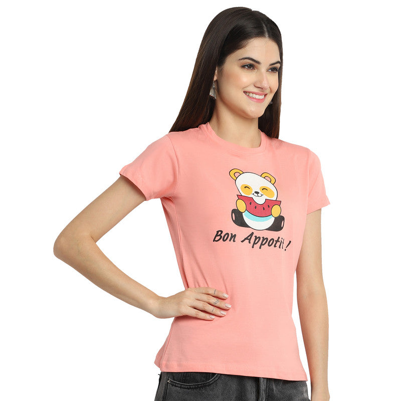 Women's Peach Cotton Typography Print Tshirt SU36