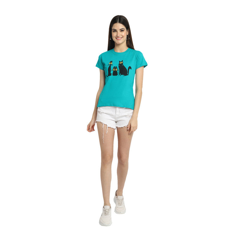Women's Turquoise Cotton Typography Print Tshirt SU39
