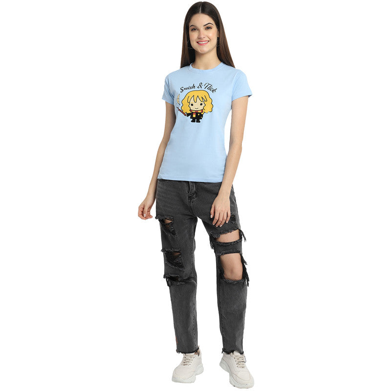 Women's Sky Blue Cotton Typography Print Tshirt SU41