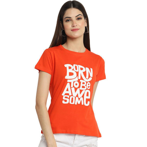 Women's Orange Cotton Typography Print Tshirt SU44
