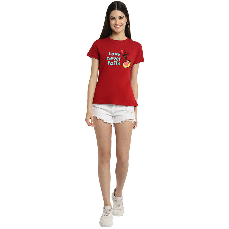 Women's Red Cotton Typography Print Tshirt SU45