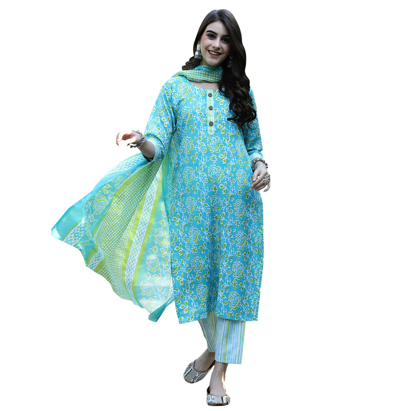 7THREADS WOMEN'S TURQUOISE COLOUR COTTON PRINTED KURTA PANT & DUPATTA