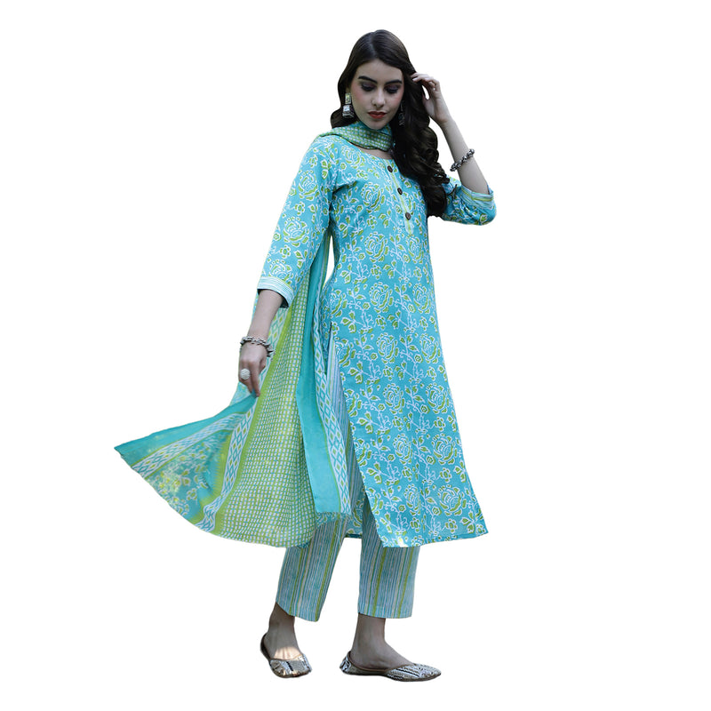 7THREADS WOMEN'S TURQUOISE COLOUR COTTON PRINTED KURTA PANT & DUPATTA