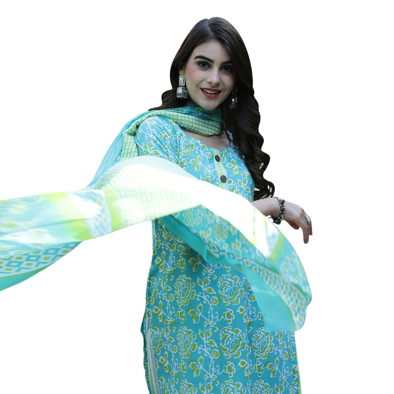 7THREADS WOMEN'S TURQUOISE COLOUR COTTON PRINTED KURTA PANT & DUPATTA