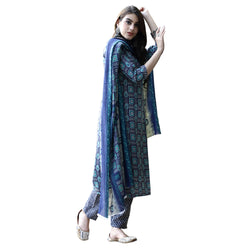 7THREADS WOMEN'S BLUE COLOUR COTTON PRINTED KURTA PANT & DUPATTA