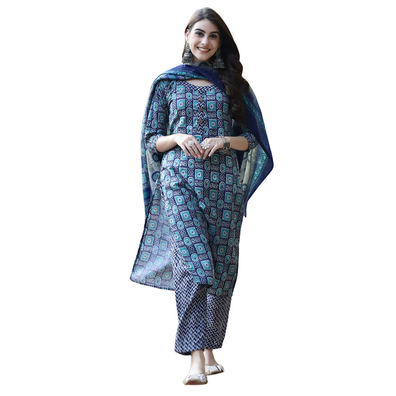 7THREADS WOMEN'S BLUE COLOUR COTTON PRINTED KURTA PANT & DUPATTA