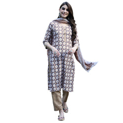 7THREADS WOMEN'S BROWN COLOUR COTTON PRINTED KURTA PANT & DUPATTA