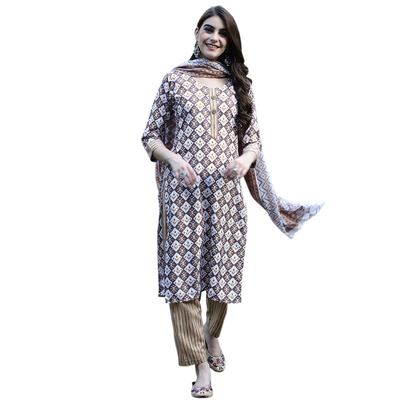 7THREADS WOMEN'S BROWN COLOUR COTTON PRINTED KURTA PANT & DUPATTA