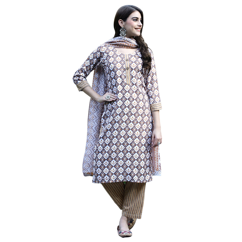 7THREADS WOMEN'S BROWN COLOUR COTTON PRINTED KURTA PANT & DUPATTA