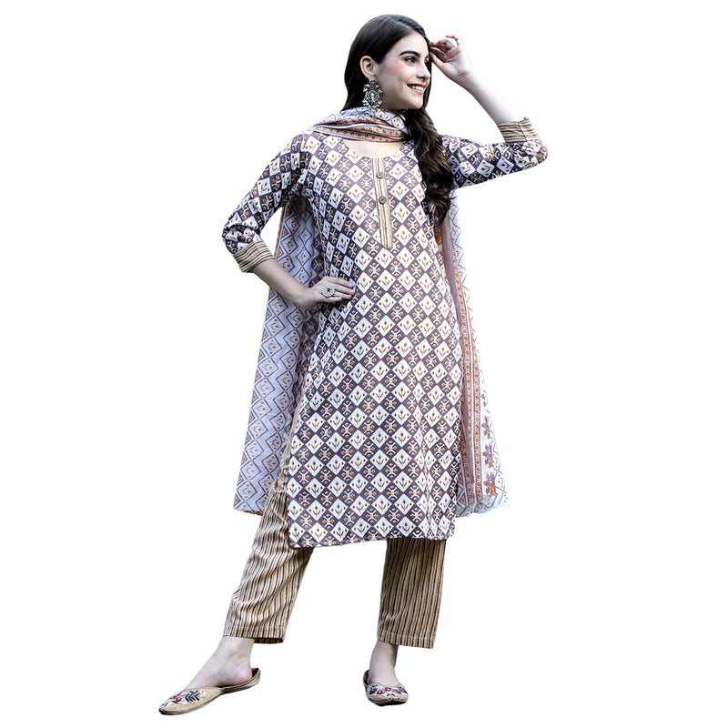 7THREADS WOMEN'S BROWN COLOUR COTTON PRINTED KURTA PANT & DUPATTA