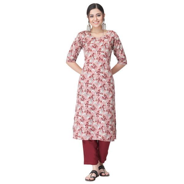 Women's Pink Colour Crepe Material Printed kurta with pant U2026